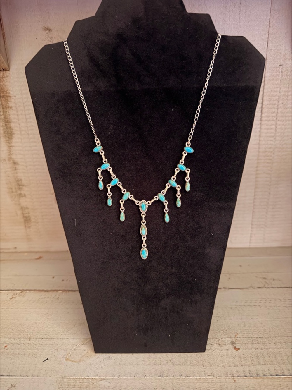 Genuine Turquoise Teardrop and 925 Sterling Silver Necklace - Women Jewelry